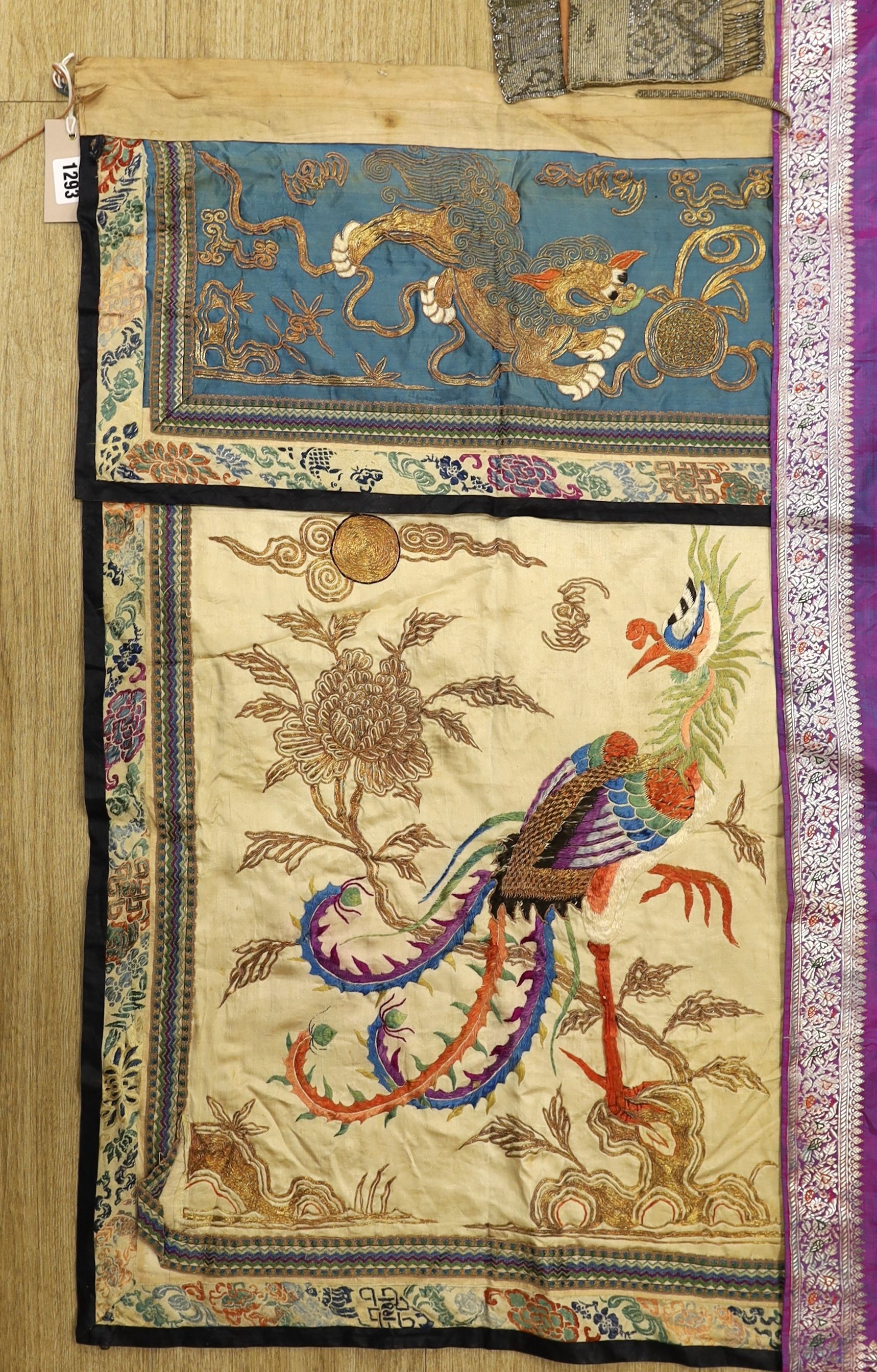 A Chinese embroidered silk panel of a phoenix, 84.5 x 54 cm, an Indian silk panel and a metal beadwork purse
